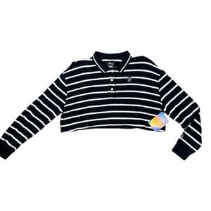 NWT VansxDisney Womens Bad Apple Rugby Shirt Cropped Striped Black White Size S